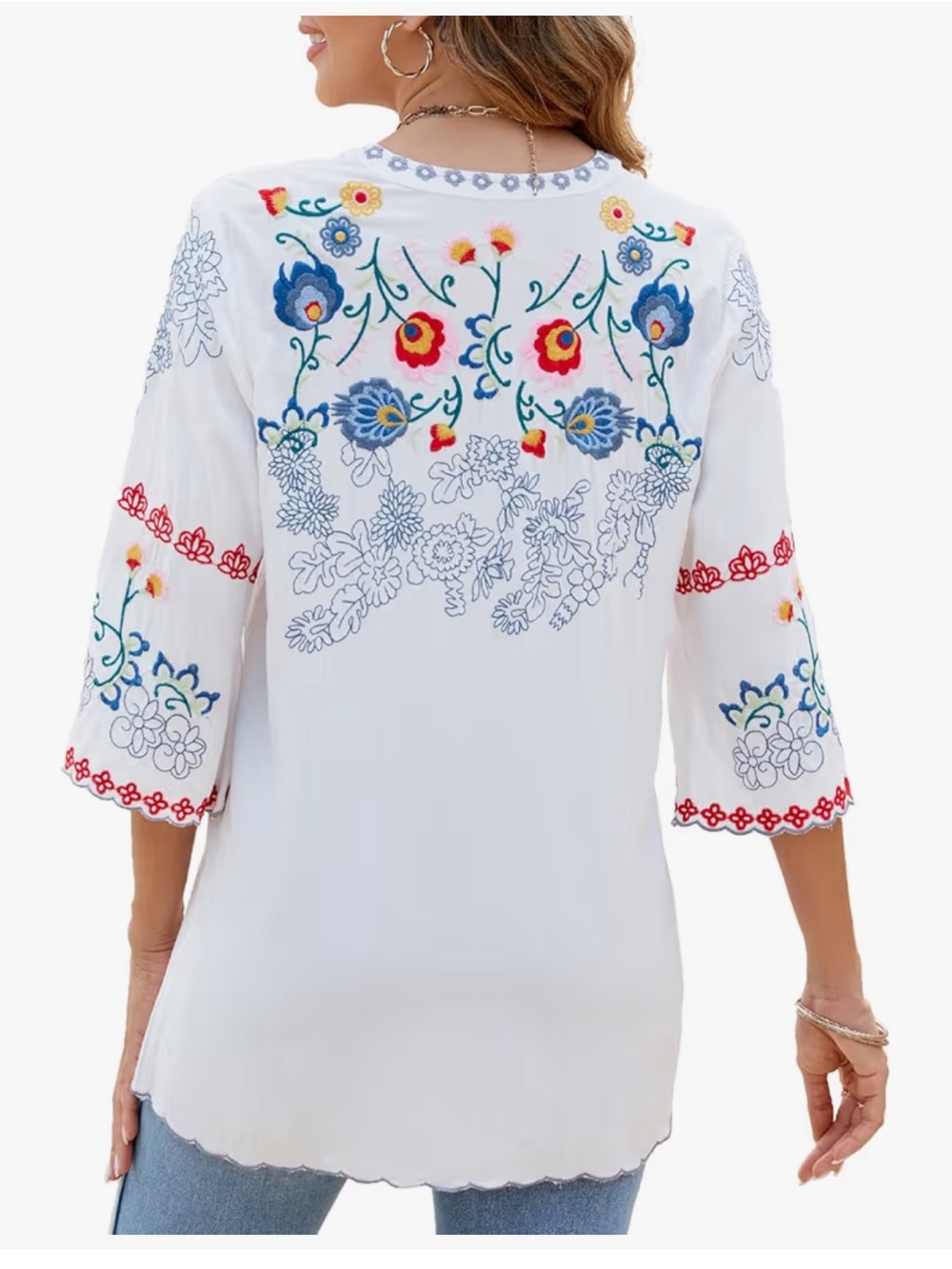 Women's White Embroidered Floral Tunic Top